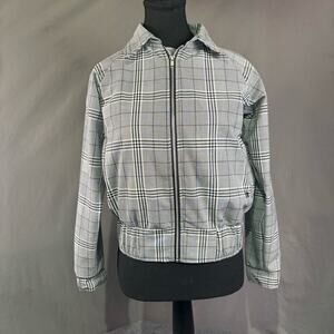 Albion Jacket Women XXS Cropped Plaid Bomber Front Zip Collared White Gray Black